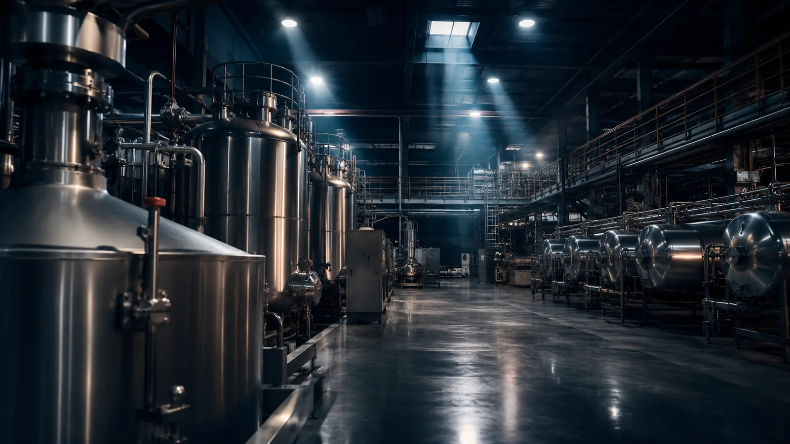 Industrielle Edelstahl-Anlage zur Butter-Verarbeitung im atmosphärischen Hallenlicht