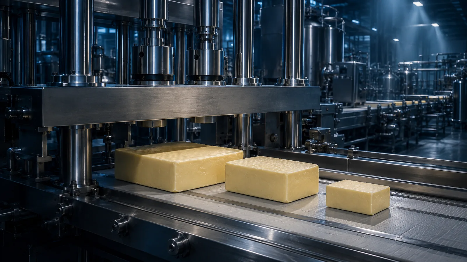 Drei verschieden grosse, frisch geformte Butterblöcke auf einer Edelstahl-Förderlinie unter einer Presse