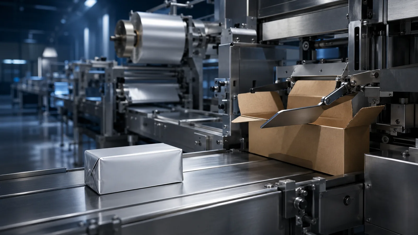 Folienverpackter Butterblock neben aufgerichtetem Karton auf einer Edelstahl-Verpackungslinie