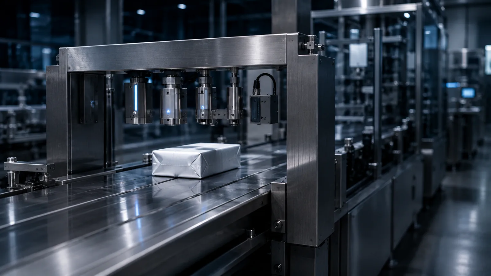 Edelstahl-Prozesskessel mit Schauglas in atmosphärischer Hallenbeleuchtung — Inline-Messpunkt